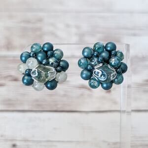 Vintage Clip On Earrings Dark Teal Tones Cluster 1"